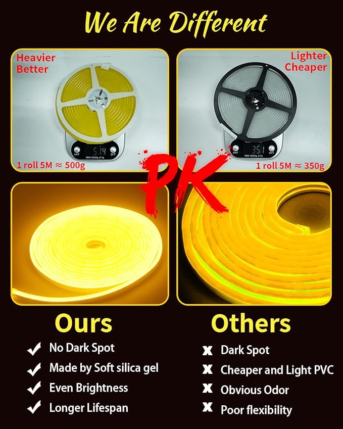 YM E-Bright Orange Led Neon Strip Lights Without Power Supply, 5M 16.4Ft 600SMD Silicone Rope Lamp for Signboard Bar Home Building Indoor Outdoor Decoration Waterproof Flexible DC12V