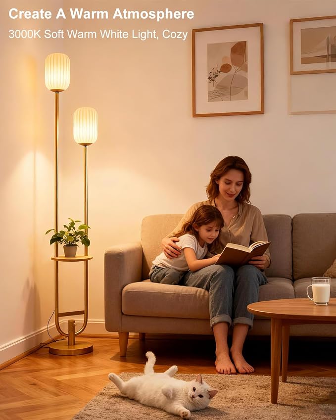 Lightdot 63IN Gold Dimmable Floor Lamp with Table, Mid Century Modern Tall Standing Lamps with 3000K Bulbs Included, Unique Vintage Floor Lamp for Living Room/Bedroom/Sofa Beside/Corner Decor