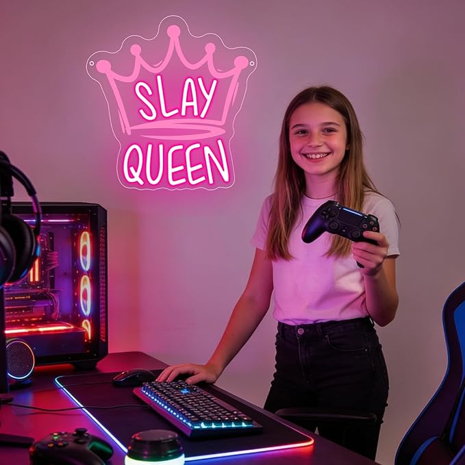 Slay Queen Neon Sign,Pink LED Neon Light Up Signs for Wall Decor,Crown LED Light for Bedroom Preppy Girl Aesthetic Room Dorm Y2k Party Game Room,Gift For Women Girls Teen USB Powered（11.4"*11"）
