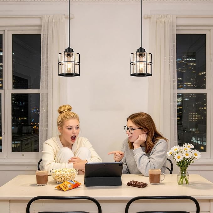 Black Pendant Lights Kitchen Island Set of 2, Modern Pendant Light Fixtures with Bubble Glass, Industrial Hanging Pendant Lights for Kitchen Island Dining Room Bedroom Entryway,90° Angle Compatible