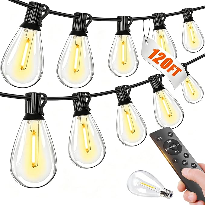 120FT Outdoor String Lights with Remote, LED Patio Lights with 45+2 Waterproof S11 Bulbs, Outside Dimmable 2700K Warm White, Timer & 3 Modes,for Backyard Garden Deck Porch Balcony Gazebo Party Decor