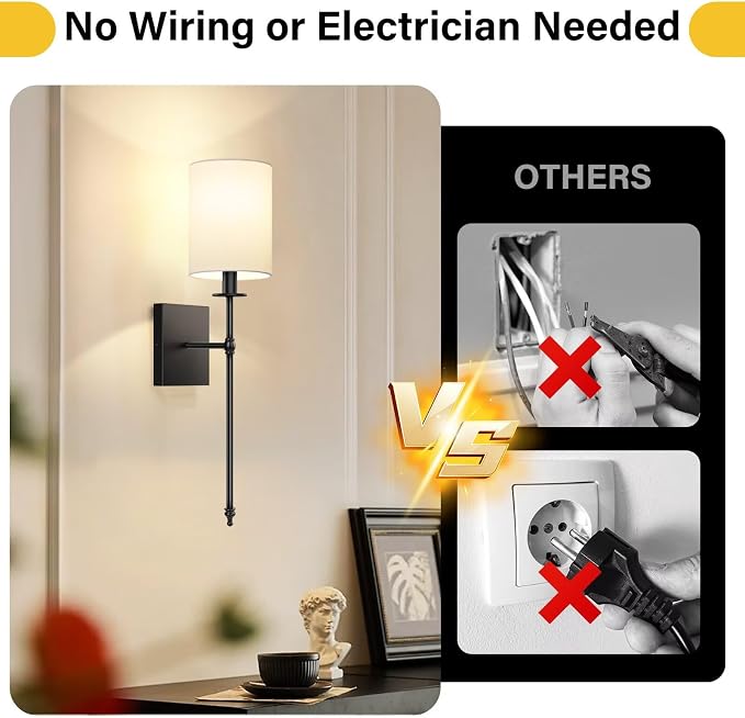 Battery Operated Wall Sconces Set of 2, Rechargeable Sconces with Remote | Black Wall Lights with White Fabric Shade, Dimmable Wireless Wall Lamp with RGBWW Bulbs for Bedroom Living Room Hallway Decor