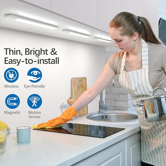 Motion Sensor Under Cabinet Lights, Magnetic Rechargeable Under Counter Closet Light, Wireless Night Light Bar Stick-On, 5-Pack, 6500K Cool White