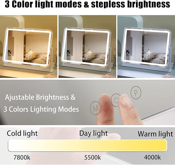 HIEEY Vanity Mirror with Lights, 13.5" x 17.4" Makeup Mirror with Lights, Three Color Lighting Modes, and 5X Magnification Mirror, Smart Touch Control, 360°Rotation (White,Gift Box)