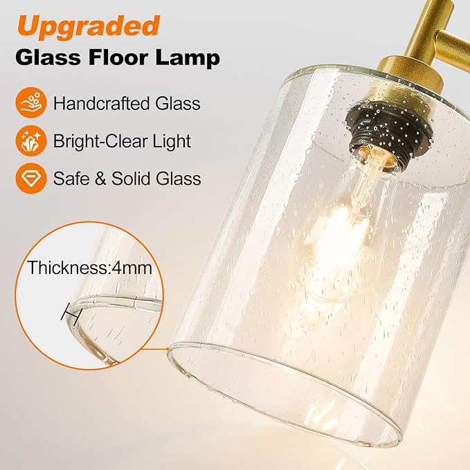 【Upgraded】 Dimmable Floor Lamp for Living Room with Seeded Glass Lampshade, Gold Modern Glass Floor Lamp with 900LM LED Bulb Included, Arc Standing Tall Lamp for Bedroom, Office, Reading Room, Corner