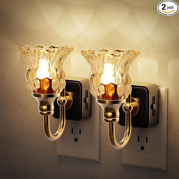 JandCase Night Light, Floral Night Lights Plug into Wall 2 Pack | Glass Flower LED Nightlight, 0-100LM Dimmable Nightlights with Light Sensor, 1W Vintage Nite Light for Bathroom Gift Vanity