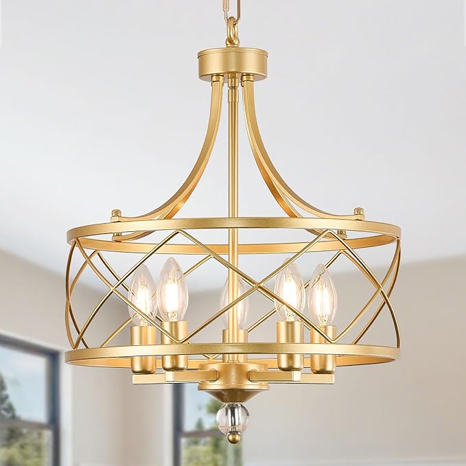 5-Light Round Chandelier,15.2in Gold Farmhouse Lantern Pendant Light Fixture,Adjustable Hanging Ceiling Lamp,for Kitchen Island,Bedroom,Entryway,Dining Room