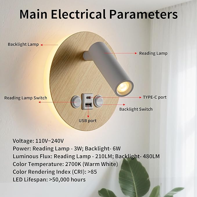 Modern Minimalist LED Wall Sconce,Hardwired 2-Light Reading Backlight,Dual Light Control (3W/240lm+6W/480lm), Swing Arm Wall Light Fixtures for Bedroom/Bedside（Wood Grain）