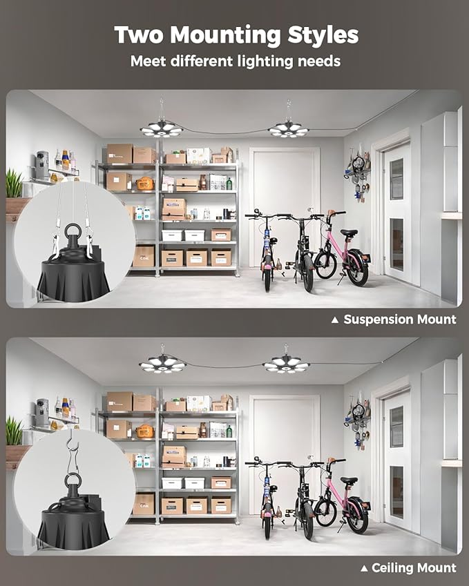 Plug in Garage Light 2 Pack, 25000LM Linkable LED Shop Light with 9.84ft Power Cord and Switch, 8 Foldable Panels, 6500K Work Lights for Garage, Workshop, Utility Room (Built-in Outlet)