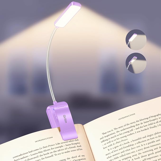 Gritin 2026 Gen 2 Book Light for Reading- 30 Eye Caring Full Spectrum LED | 5 Colors & 5 Brightness, Adjustable Wide/Narrow Beam, Upgrade 1500mAh Long-Lasting Rechargeable Clip on Light-Purple