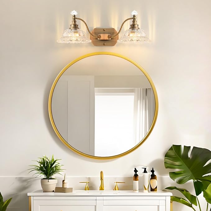 Vintage Bathroom Light Fixtures, 2 Light Brass Vanity Lights with Crystal Glass Flower Shade, Retro Wall Sconce for Bedroom, Living Room, Hallway