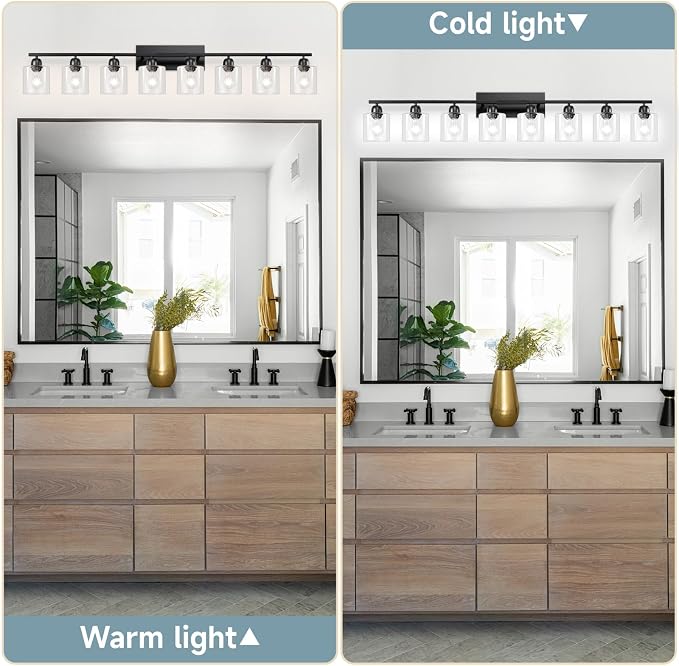 Modern 8 Light Bathroom Light Fixtures, 52 inch Vanity Lights for Bathroom with Clear Glass, Black Bathroom Light Fixture for Mirror Kitchen Living Room Hallway Cabinet Porch