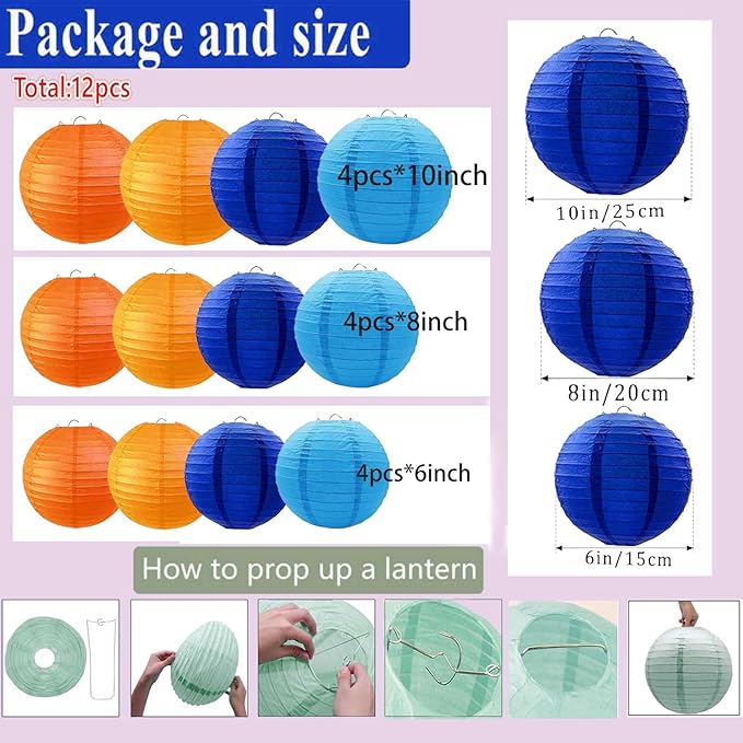 Blue Orange and Navy Blue Paper Lanterns 12Pcs Hanging Round Paper Lanterns Decorative for Graduation Baby Shower Wedding Birthday Family Parties ﻿