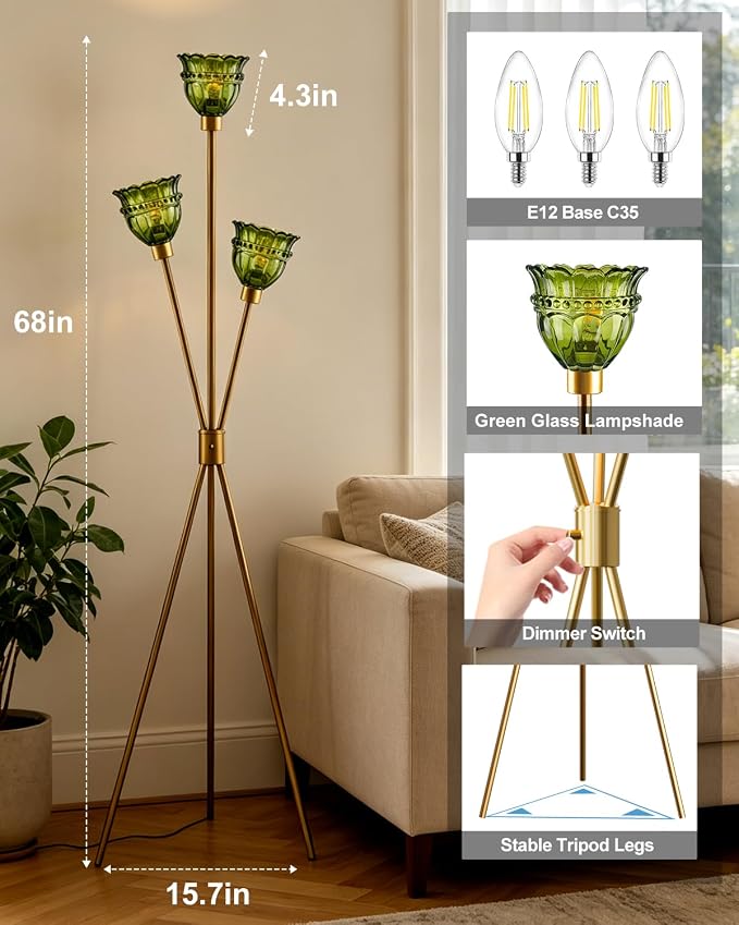 3-Light Tripod Glass Floor Lamp, Gold Standing Lamp with Green Tulip Lace Glass Shade, Rotary Dimmable LED Floor Lamp for Living Room Bedroom Home Office Sofa Beside Corner Decor, Bulb Included