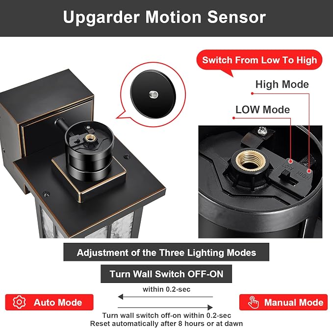 2 pack Porch Lights with GFCI Outlet,Dusk to Dawn Motion Sensor Outdoor Lights,3 Lighting Modes Black Front Door Lights,Waterproof Exterior Light Fixture,Outside Wall lamp for House Patio Garage