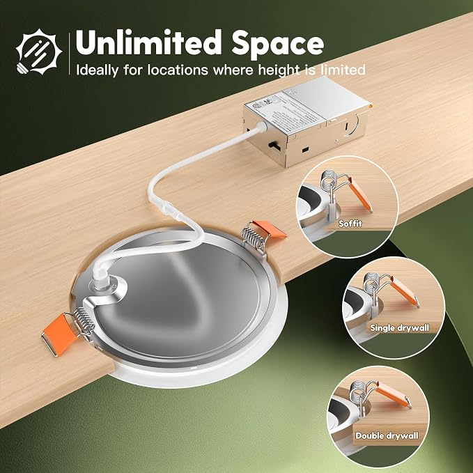FREELICHT 24 Pack 6 Inch LED Recessed Light with Junction Box, 5CCT, 1050LM | 12W, 2700K-5000K Selectable, 5%-100% Dimmable, 120V, White, Ultra-Thin Canless Wafer Downlight, ETL, FCC, IC & Damp Rated