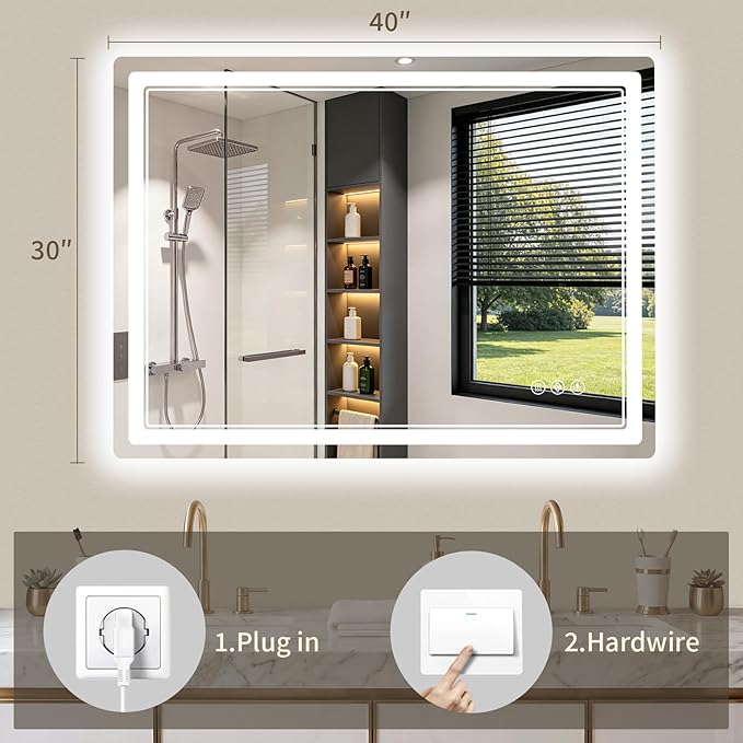 30"x40" LED Bathroom Mirror with Lights, Backlit + Front Lit, Anti-Fog, Lighted Bathroom Mirror for Wall, HD Shatterproof Tempered Glass, Dimmable, Memory Function (Horizontal/Vertical)