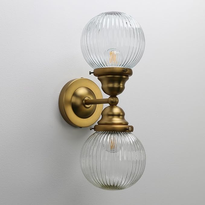 Pathson 2 Lights Striped Glass Wall Sconces, Modern Bathroom Sconces Wall Vanity Light Fixtures Brass Finish, Vintage Wall Sconce Lamp for Living Room Bedroom Farmhouse Lighting
