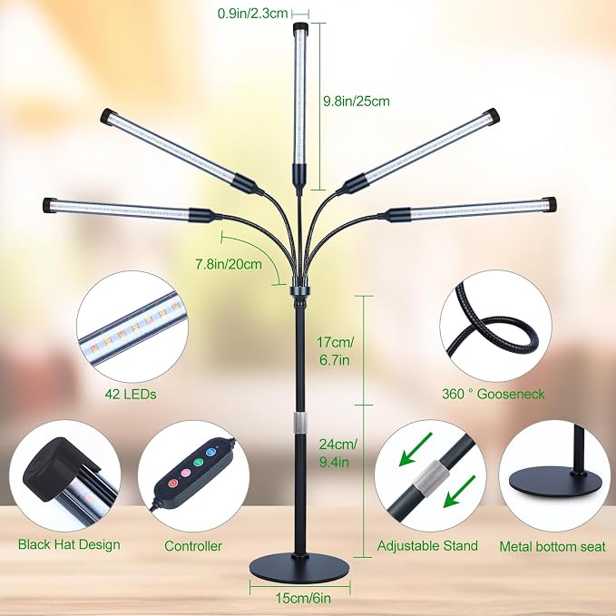 5Head Desk Grow Lights for Indoor Plant, Seed Starting, Bonsai, Full Spectrum Plant Grow Lamp, 4/8/12/16/20H Timer, 45 Watt Power Draw, NO Need Adapter, Adjustable Height(16"-24")
