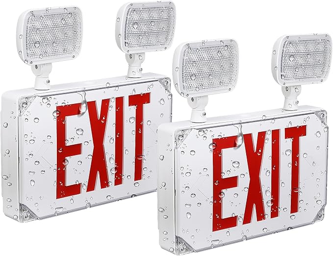 LEONLITE 2-Pack Wet Location LED Exit Sign with Emergency Lights White | UL Listed, AC 120/277V, Outdoor Hardwired Red Letter Exit Light with Battery Backup, 2 Dual Heads, Double Face