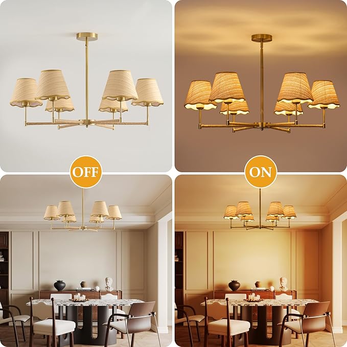 39”Inch Boho Rattan Chandelier 6-Lights Rustic Industrial, Adjustable Hand-Woven Pendant Lighting Fixtures for Dining Room, Bedroom,Living Room, UL Listed, E26Base