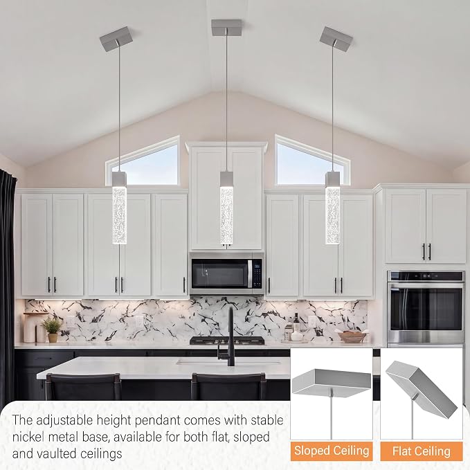 Pendant Lights Kitchen Island, 6500K Modern Kitchen Island Lights Brushed Nickel, 1 Pack Ceiling Lighting Fixtures with Crystal Bubble, Island Lights for Kitchen Dining Room Bedroom Hallway