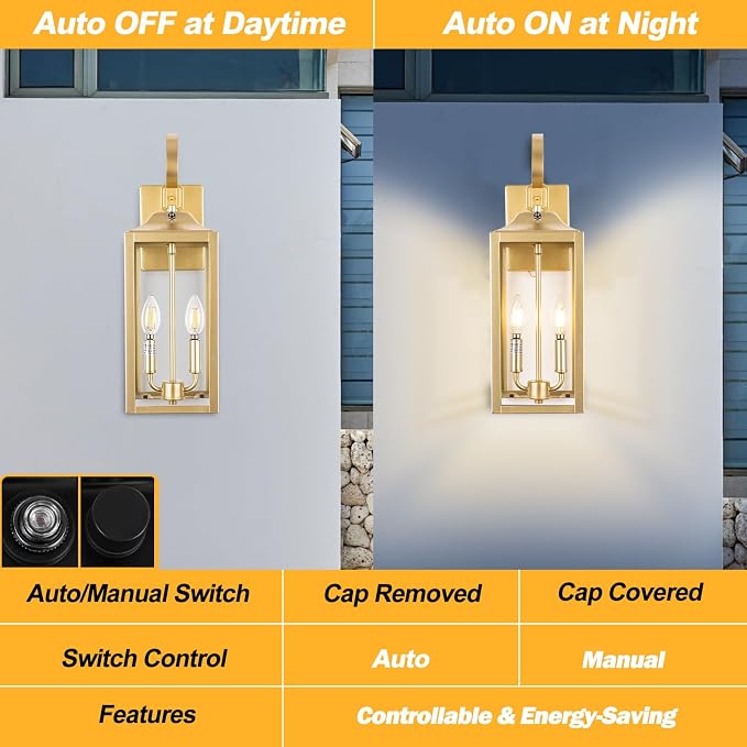 19" Dusk to Dawn Outdoor Wall Lantern 2-Light, Gold Outdoor Wall Lights | Large Waterproof Exterior Lighting Fixtures, Farmhouse Porch Light Modern Outdoor Sconce Light for House Garage Patio, 1-Pack