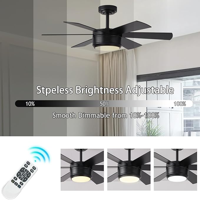 SHOWDI Ceiling Fan with Lights and Remote, 6 Blade App Control Timer Reversible Stepless Brightness and Color Temperature Outdoor Wood Ceiling Fan with Lights (Black, 42 Inch)