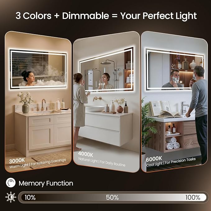 48x36 LED Bathroom Mirror with Anti-Fog, Backlit & Front Lit, Memory | Stepless Dimmable 3 Color CRI 95+ Shatterproof Tempered Glass ETL Listed for Safety Lighted Bathroom Vanity Mirror for Wall