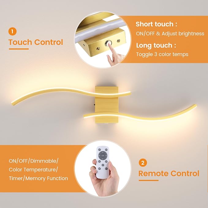 VOLISUN Battery Operated Wall Sconces Set of Two, 27.6 inch Wireless Wall Sconces, 3000K-6500K Dimmable Wall Lamps with Remote, Rechargeable Gold Wall Lights for Living Room, Hallway, Bedroom