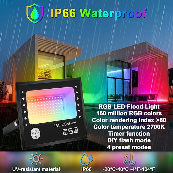 Led Flood Light 600W Equivalent 6000LM, Outdoor Led Lights with APP Control, Smart RGB Lights Colored 16 Million Colors, DIY Scenes - Timing - Music Sync, 2700K & IP66(2 Pack)