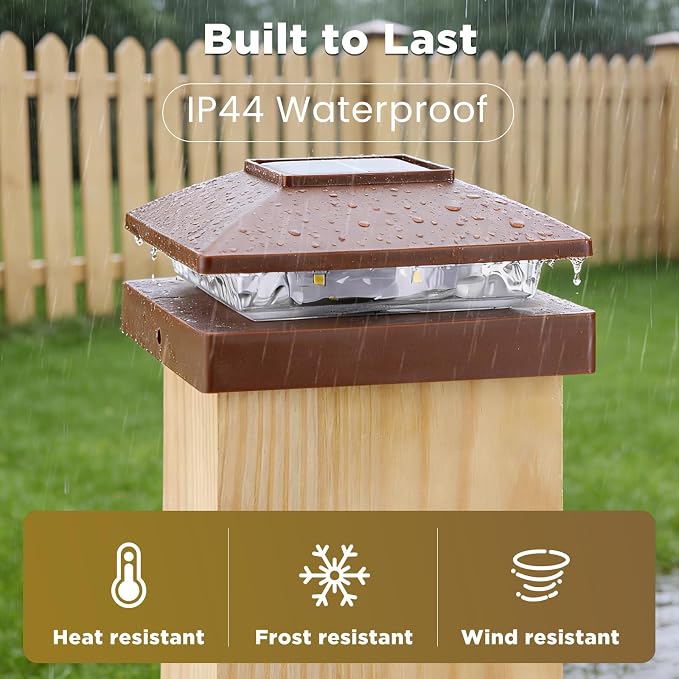 Solar Post Cap Lights Outdoor 24pack, Waterproof Solar Powered Deck Fence Post Lights Fit 4x4 Wood/Vinyl Posts, Bright Warm White Solar Post Lights Decorate Deck, Patio, Porch, Fence(Brown)