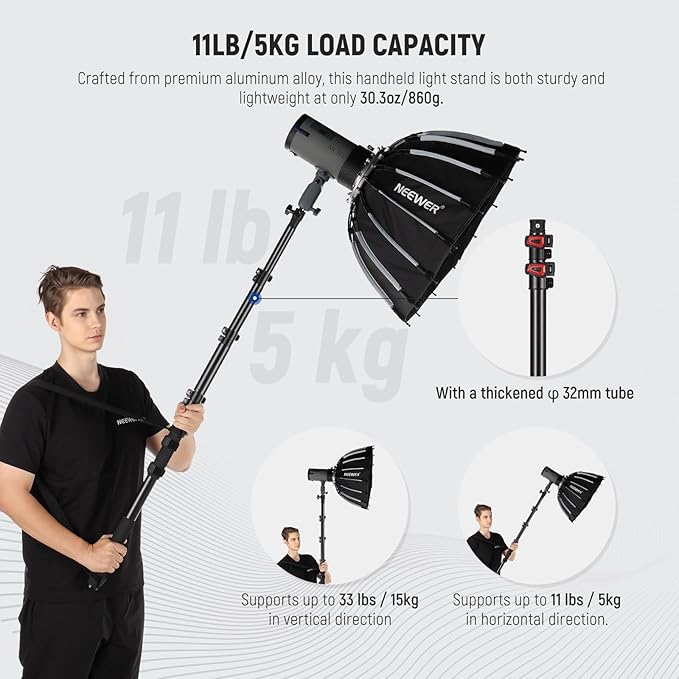 NEEWER 7.5ft/230cm Handheld Light Stand, Portable Telescopic Aluminum Photography Lighting Stand with 1/4" 3/8" 5/8" Screw/Flip Lock/Shoulder Strap for Strobe Light Flash, Max. Load 11LB/5KG, MS-230C | Handheld Light Stand, 1/4" 3/8" 5/8" Screw, Flip L...