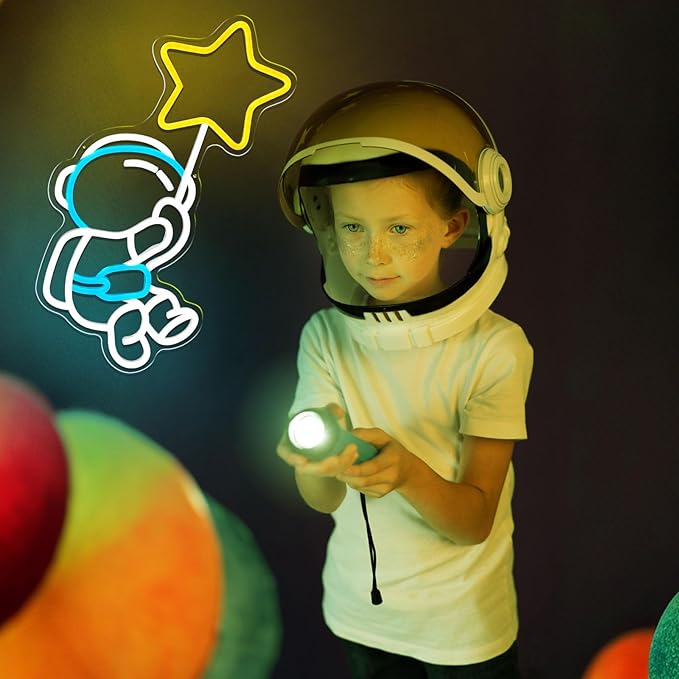 Astronaut Star Neon Sign Spaceman LED Neon Light for Wall Decor Dimmable Astronaut Holding Stars Signs Lights Space Decor for Boys Christmas Gift, Kids, Game Room, Man Cave