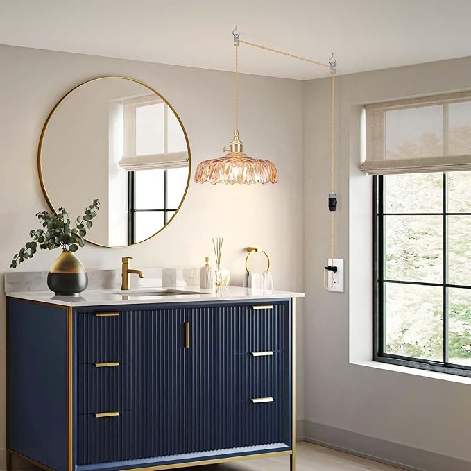 Plug in Pendant Light Fixtures,Amber Glass Lampshade Pendant Lighting 9.4in E26 Hanging Light FixtureCorded On/Off Switch for Kitchen Island, Bedroom, Dining Room