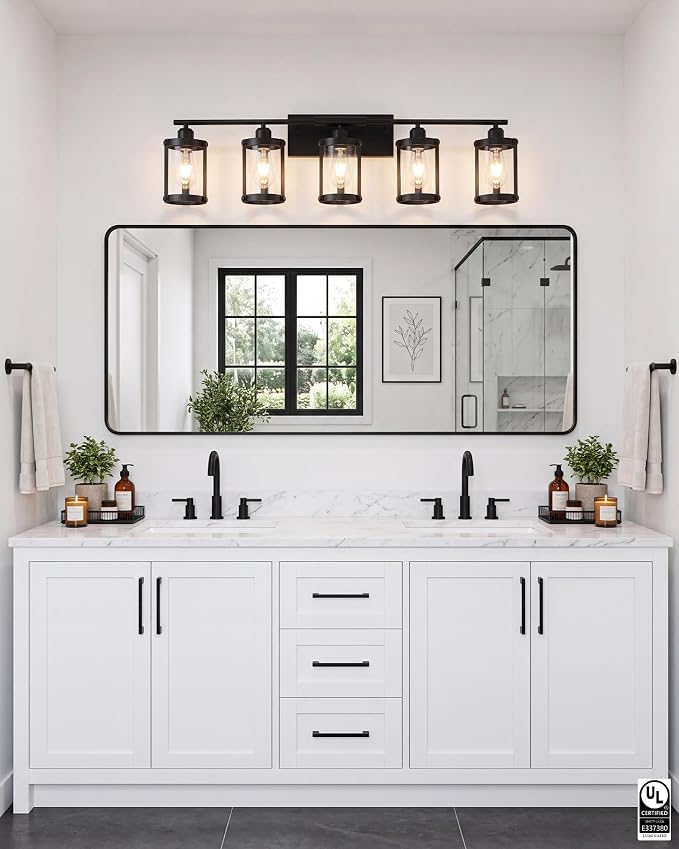 5-Light Matte Black Bathroom Light Fixtures Over Mirror with Clear Glass and Metal Cage Shade, 38" UL-Listed Modern Farmhouse Wall Sconce for Bath, Hardwire E26, OS-3014BK-5W