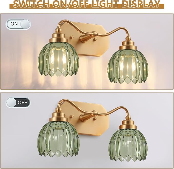 Vintage Gold Vanity Lights, 2-Light Green Tulip, Antique Brass Finish | Brushed Gold Bathroom Light Fixtures, Crystal Wall Sconce Ideal for Bedroom, Living Room, E26 Compatible, Easy Install