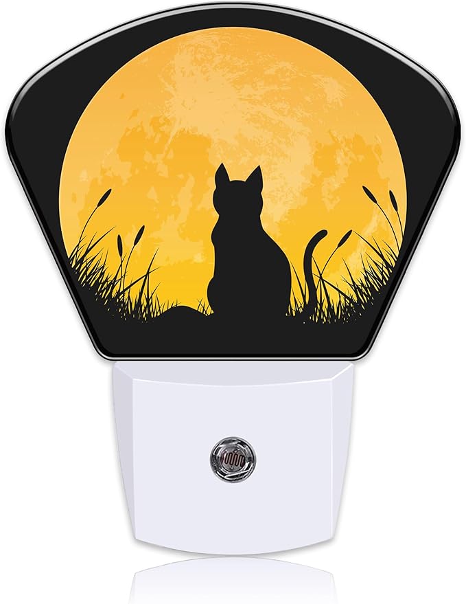 Cat Sitting in Grass Field Night Light for Kids Girls Boys, Full Moon LED Night Light Plug into Wall with Dusk to Dawn Sensor for Bedroom, Hallway, Kitchen, Bathroom, Stairs Decor