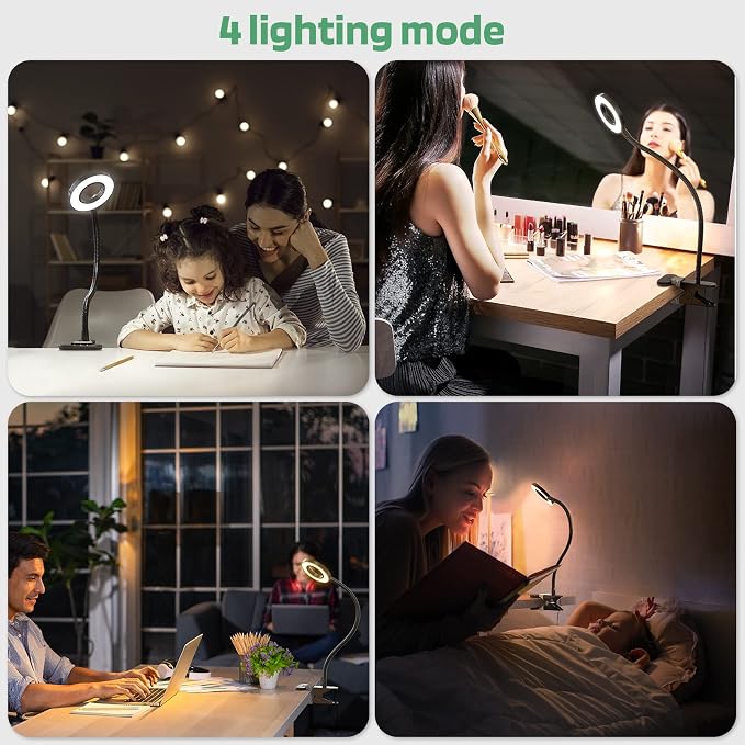 Glorious-LITE Clip on Light 36 LED Eye Caring Reading Light for Bed Black | 360° Flexible Gooseneck, With 4 Color Modes, Dimmable Book Light for Bed, Desk, Headboard, USB Powered, With 59inch USB Wires