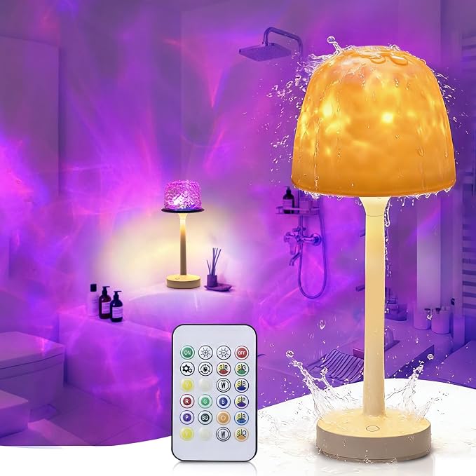 CHLORANTHUS Waterproof Shower Lamp, Ocean Wave Projector – Rechargeable Bathroom Night Light for Home Spa – 2-in-1 Cordless Table Lamp, 16 Colors Remote Touch Control – Relaxing Gifts Women & Kids