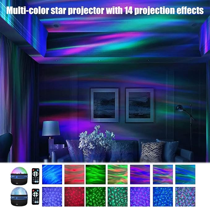 2 in 1 Northern Lights and Ocean Wave Projector with 14 Effects of Galaxy Light for Game Rooms, Parties, Light Projector for Bedroom, Compatible with Lava Lamps and Night Light Decorative Effects