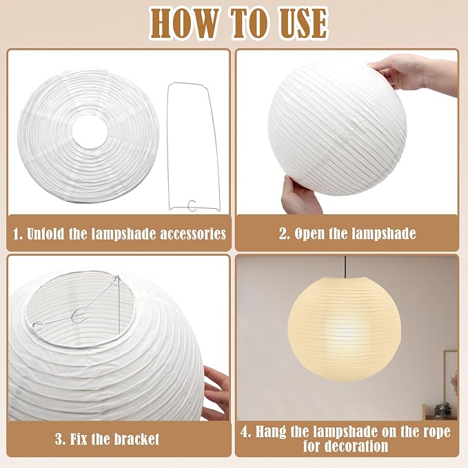 6 PCS White Paper Lantern Lamp, 12'' Chinese Paper Lantern Pendant Light Shade, Round Lampshade for Living Room, Bedroom, Ceiling Lampshade Party Decor