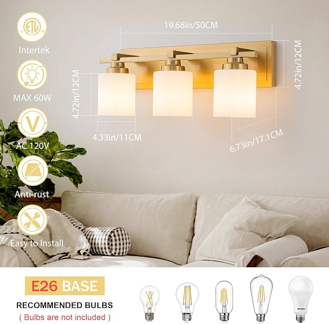 Modern Bathroom Light Fixtures Over Mirror, Vanity Lights for Bathroom Wall Sconces with Milky White Glass Shades, E26 Socket (Bulbs Not Included), 3 Light, Brass