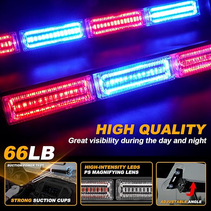 2x17.7 Traffic Advisor Light Bar Emergency Warning Flashing Safety Interior Windshield Strobe Lights for Construction Vehicles Snow plow Trucks Firefighter Lights, Red/Blue