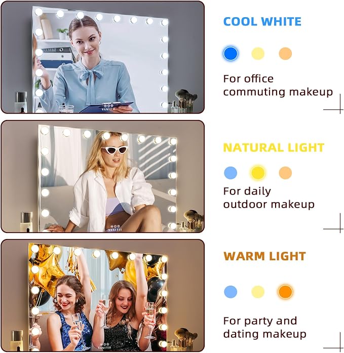 VANITII Hollywood Vanity Mirror with Lights 22.8" *31.5" USB Charging Light up Makeup Mirror with 18 LED Dimmable Bulbs 3 Color Lights Bedroom Cosmetic Mirror for Table and Wall