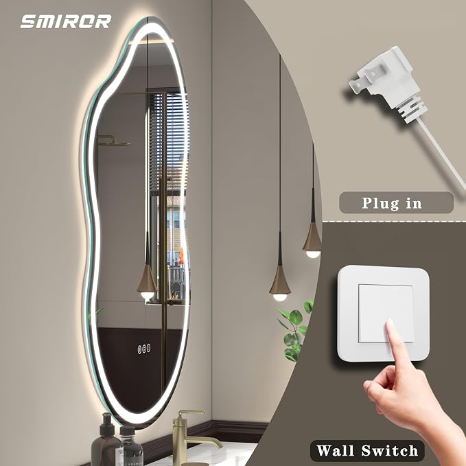 SMIROR 20x36 Irregular Led Lighted Bathroom Vanity Mirror | Asymmetrical, Cloud Shape, Front lighted + Backlit, Anti-Fog, 3 Colors, Dimmable, Memory, Tempered Glass, UL