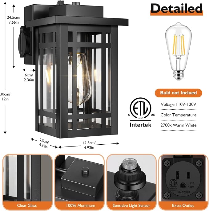 2-Pack Outdoor Porch Lights with Outlet,Dusk to Dawn Motion Modern Outdoor Wall Lights Exterior Lighting Fixtures Waterproof, Black Outside Light for House Patio Garage Hallway