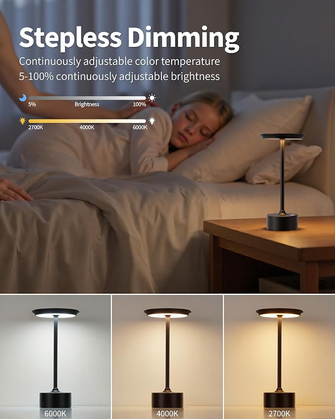 PUSU Rechargeable Table Lamps Set of 2, Black Cordless Portable Desk Lamp | 4000mAh Battery, Stepless Dimming & 3 Color 2700K-6000K, LED Lamp for Bedroom, Living Room, Restaurant, Outdoor, Night Light