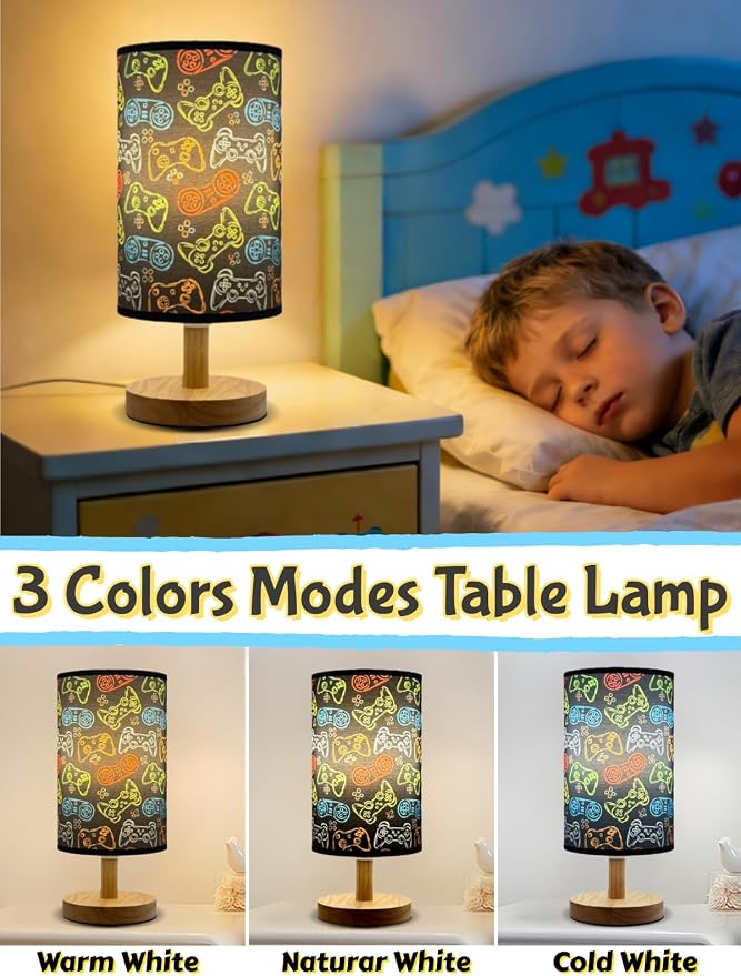 Video Game Table Lamp,Night Light for Kids Room,Cartoon Bedside Lamp 3-Color Dimmable LED Desk Lamp with Linen Lampshade and Wood Base for Bedroom Living Study Home Decor for Practical Gift for Boys