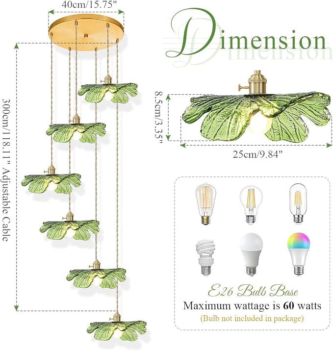 Long High Ceiling Chandelier with Green Blown Flower Glass Shade Vintage Flush Mount Ceiling Hanging light Gold brass pendant light 5 light Ceiling Chandeliers for Staircase Foyer Entryway Living